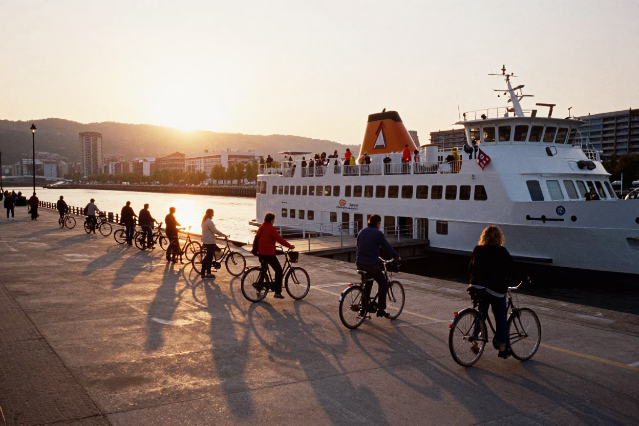 Bilbao Sunset Ferry Dock Loading Passengers and Bicycles Near Guggenheim Museum in in Bilbao, Spain