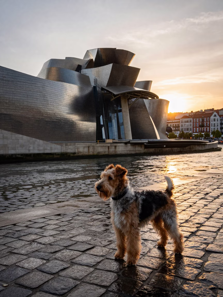 Bilbao Sunset Street Scene with Bedlington Terrier and Coastal Fog in in Bilbao, Spain