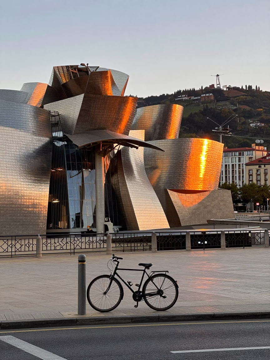Bilbao Sunset Street Scene with Bicycle and Funicular Hillside View in in Bilbao, Spain