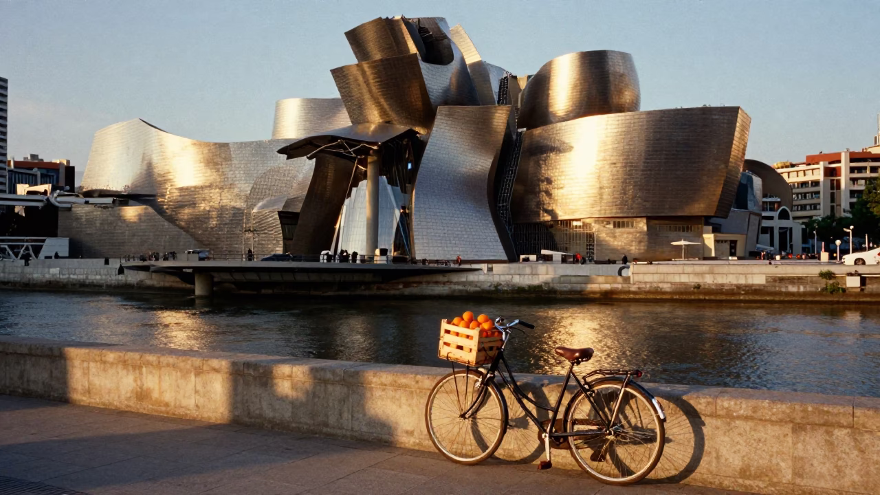 Bilbao Sunset Street Scene with Bicycle Basket and Fruit Crate Near Guggenheim in in Bilbao, Spain