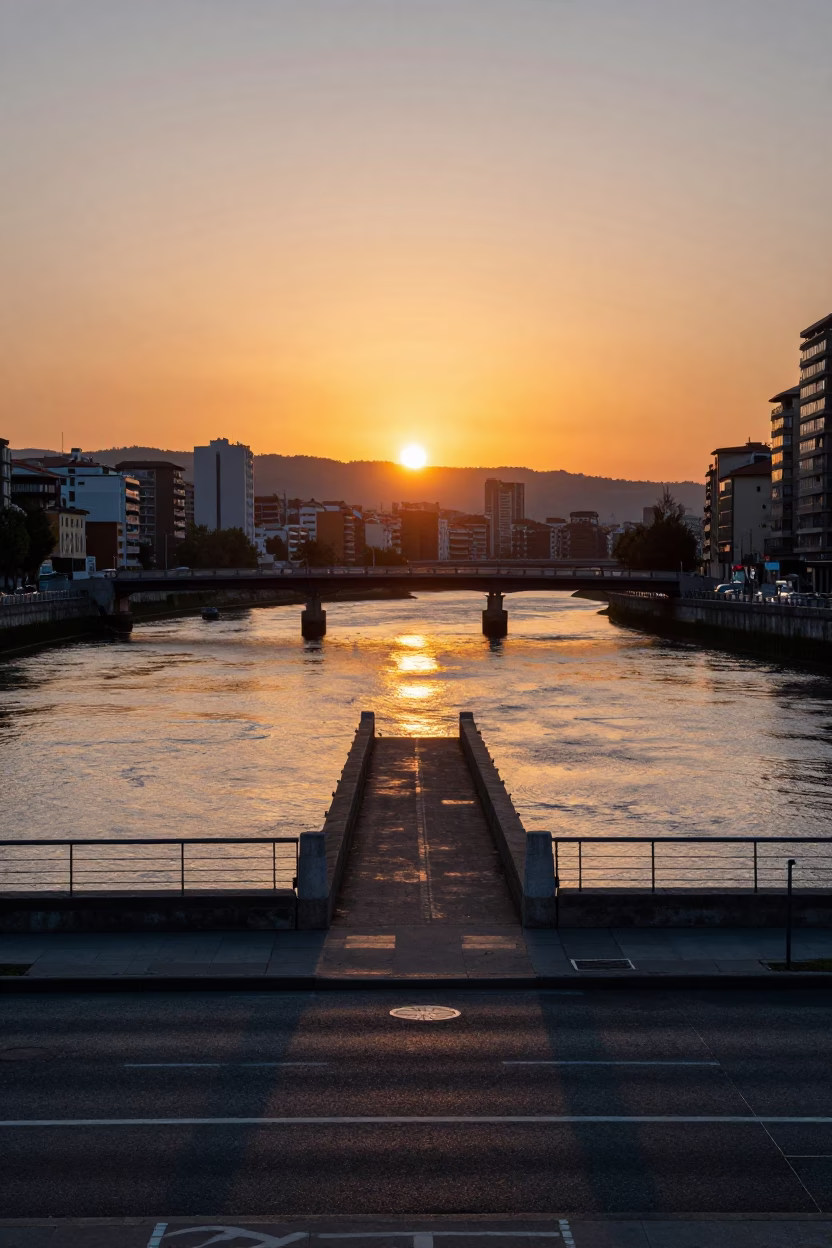 Bilbao Sunset Street Scene with Bridge Pier and Local Market Bread in in Bilbao, Spain