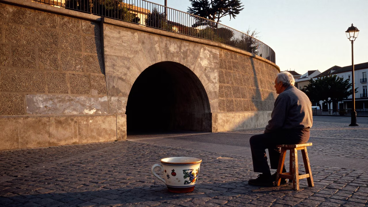 Bilbao Sunset Street Scene with Ceramic Cup and Tunnel Retaining Wall in in Bilbao, Spain