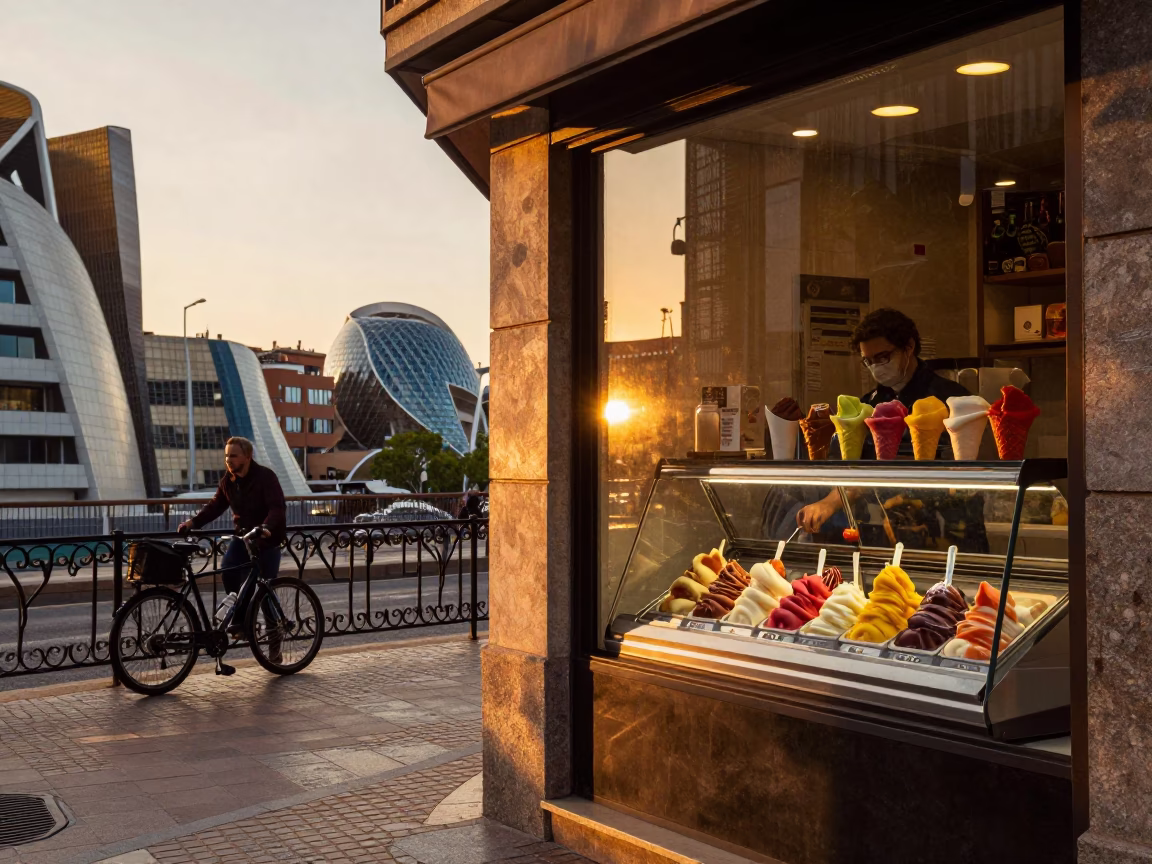Bilbao Sunset Street Scene with Gelato Display and Urban Viaduct in in Bilbao, Spain