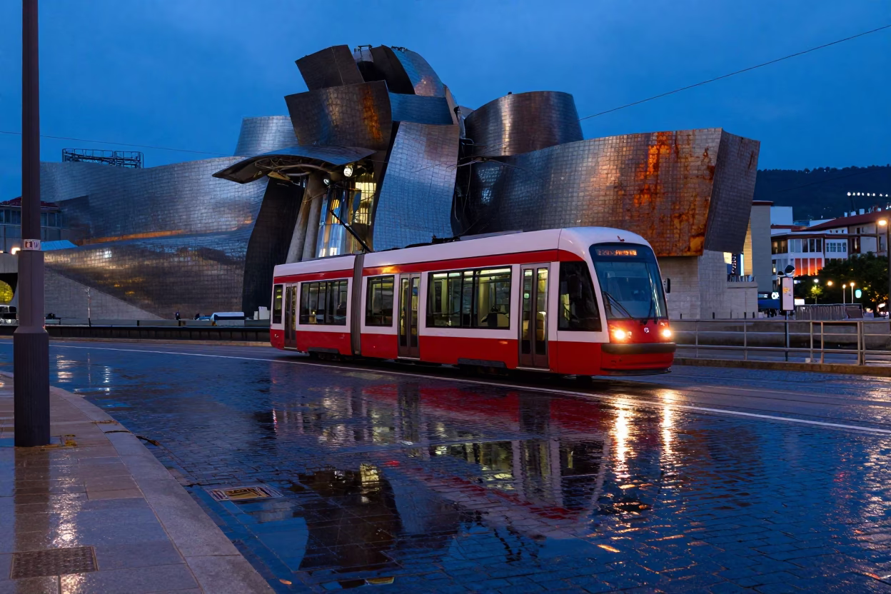 Bilbao Twilight Street Scene with Tram Reflection and Rusty Urban Details in in Bilbao, Spain