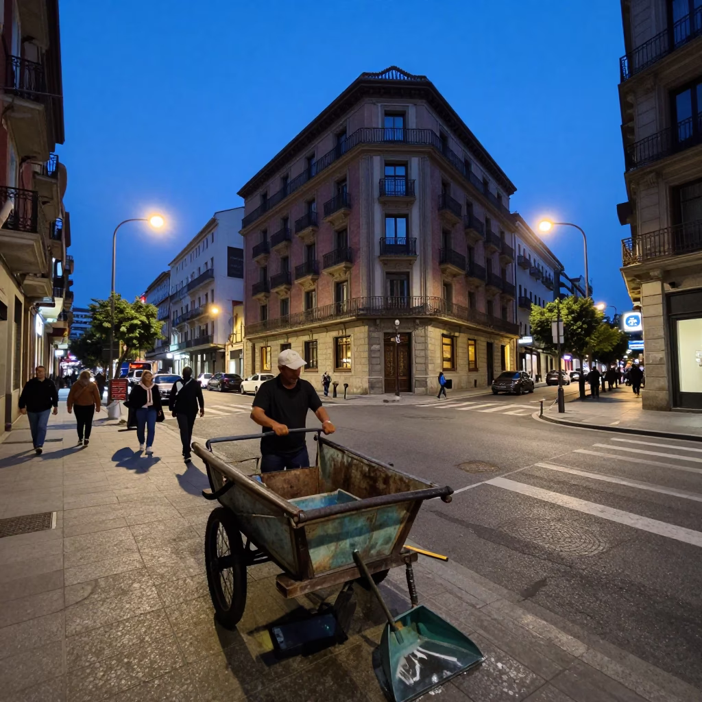 Bilbao Twilight Street Scene with Vintage Cart and Urban Architecture in in Bilbao, Spain