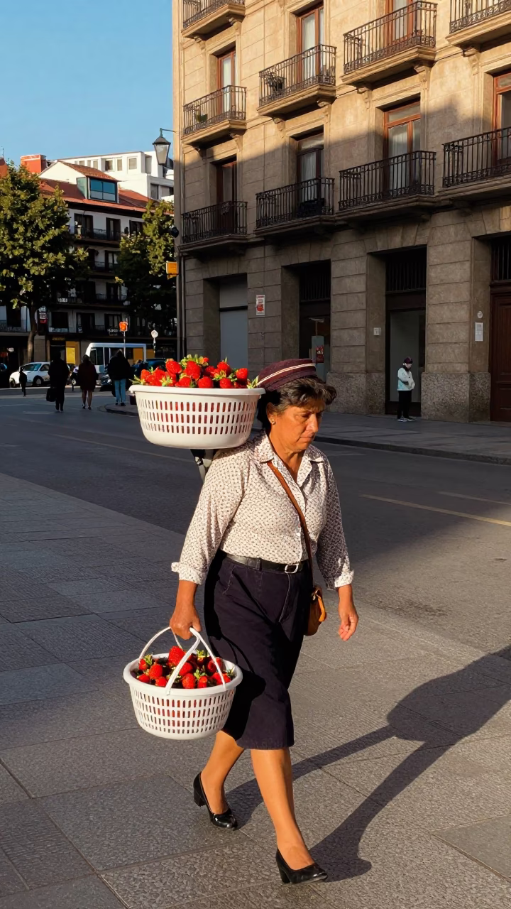 Bilbao Woman Carrying Strawberries at The Early Afternoon Light in in Bilbao, Spain