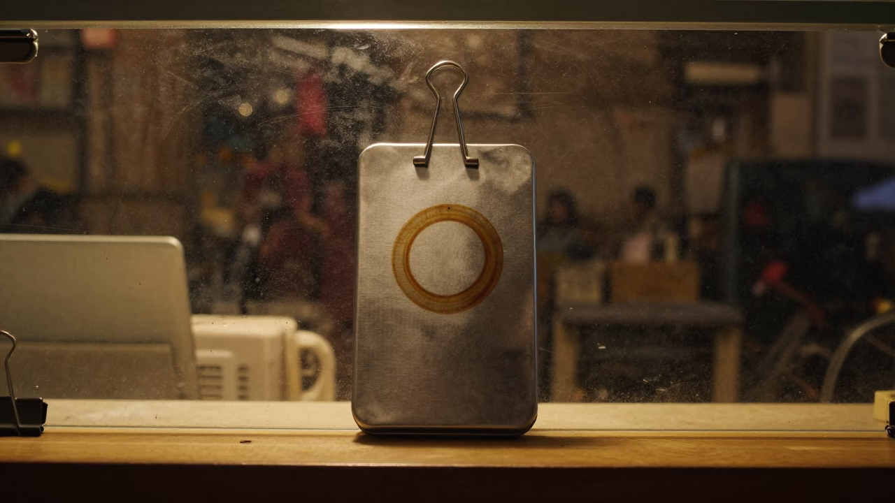 Binder Clip Tin on Glass Bazaar Counter in at a jewelry counter inside a covered bazaar in Jamnagar