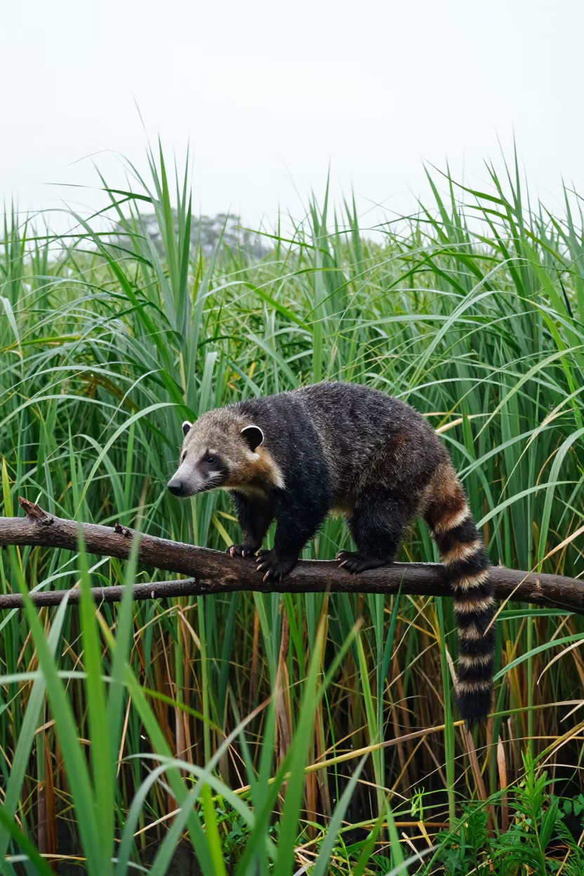 Binturong on Branch Near Dundo Reed Bed in at the edge of a reed bed near Dundo