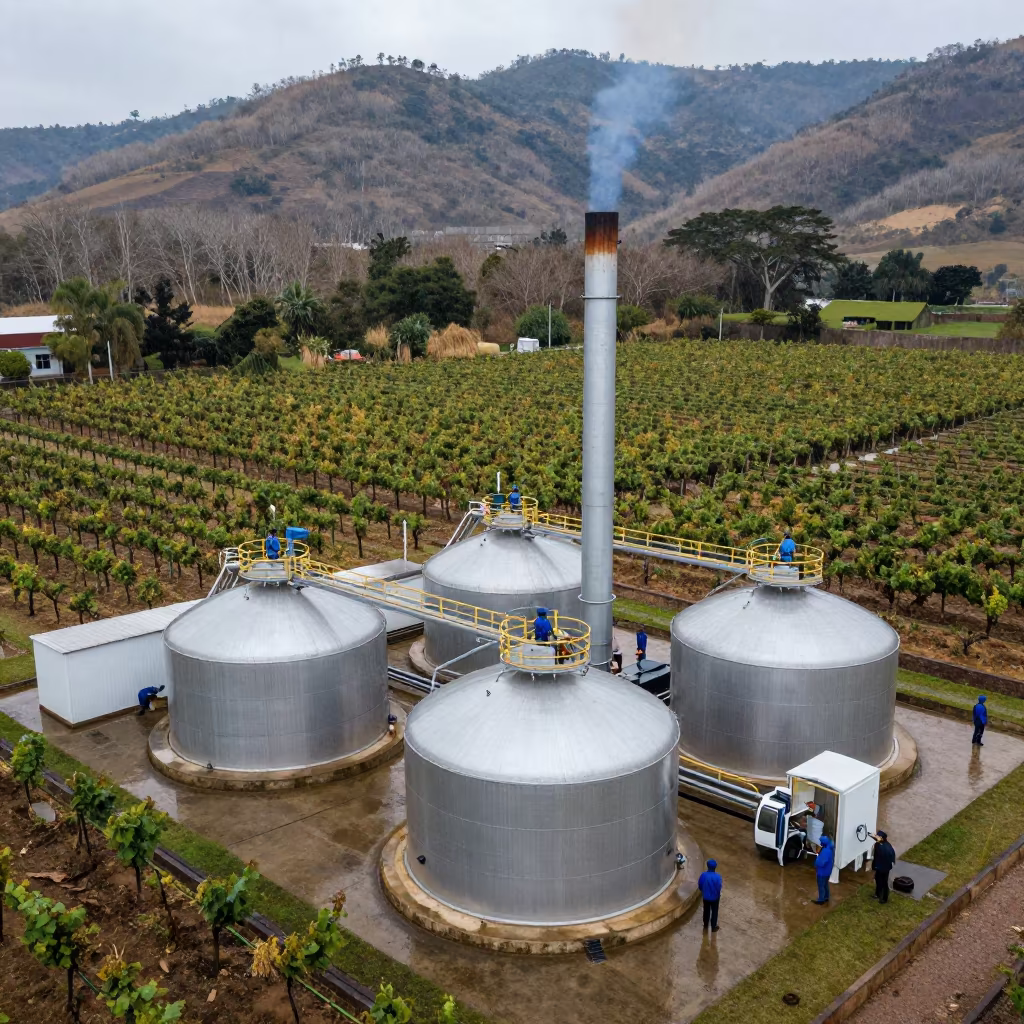 Biogas Plant Above Vineyard Trellises Nicaragua in between vineyard trellises in Nicaragua