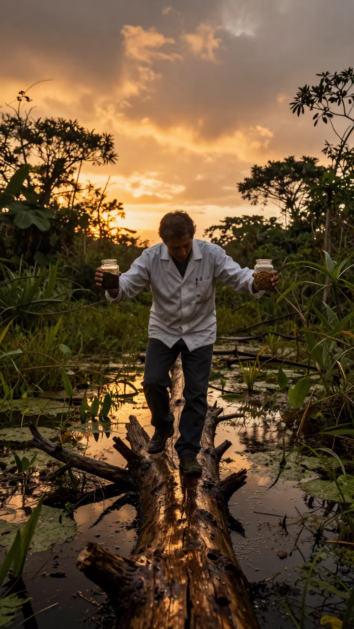 Biologist Balancing Jars on Log in Quito Swamp in in La Ronda, Quito