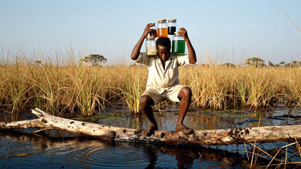 Biologist Balancing on Log with Jars Over Swamp in near Kenema