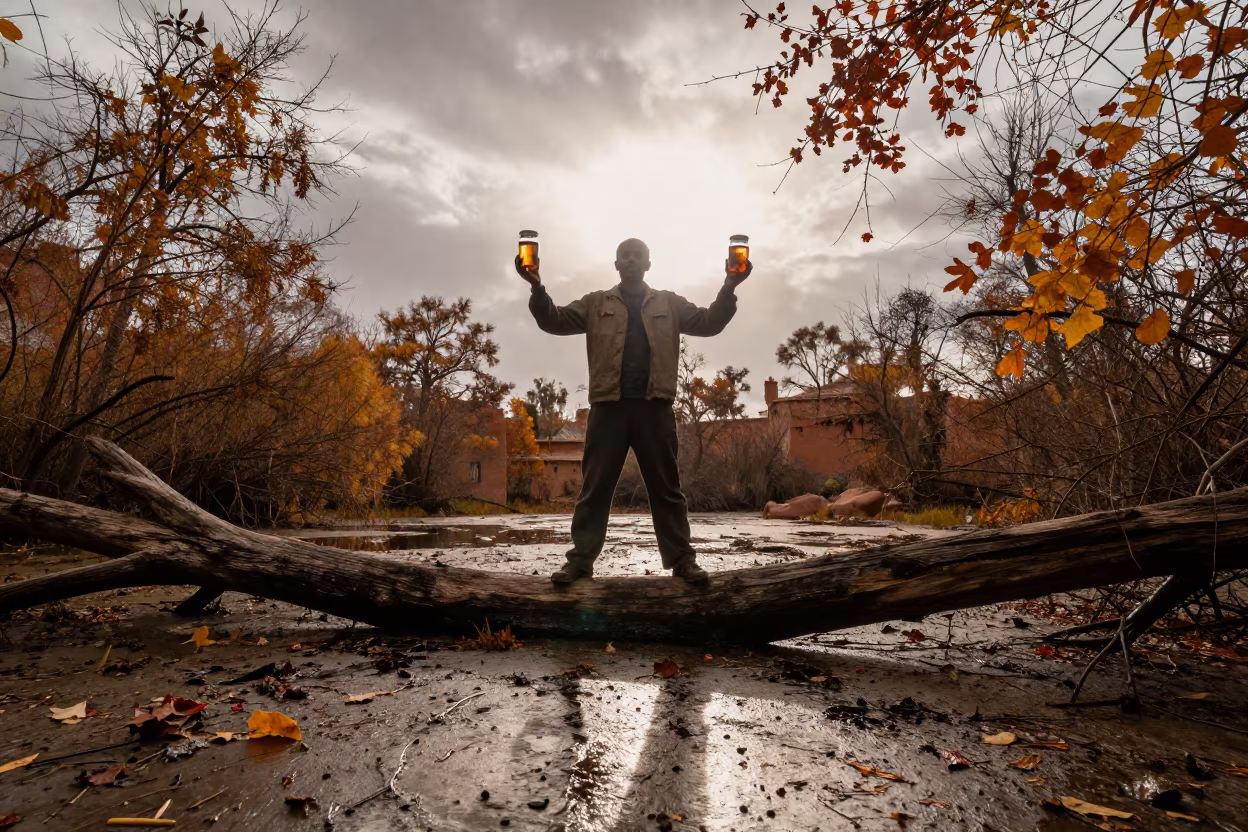 Biologist Balancing on Log Over Autumn Swamp in near Settat