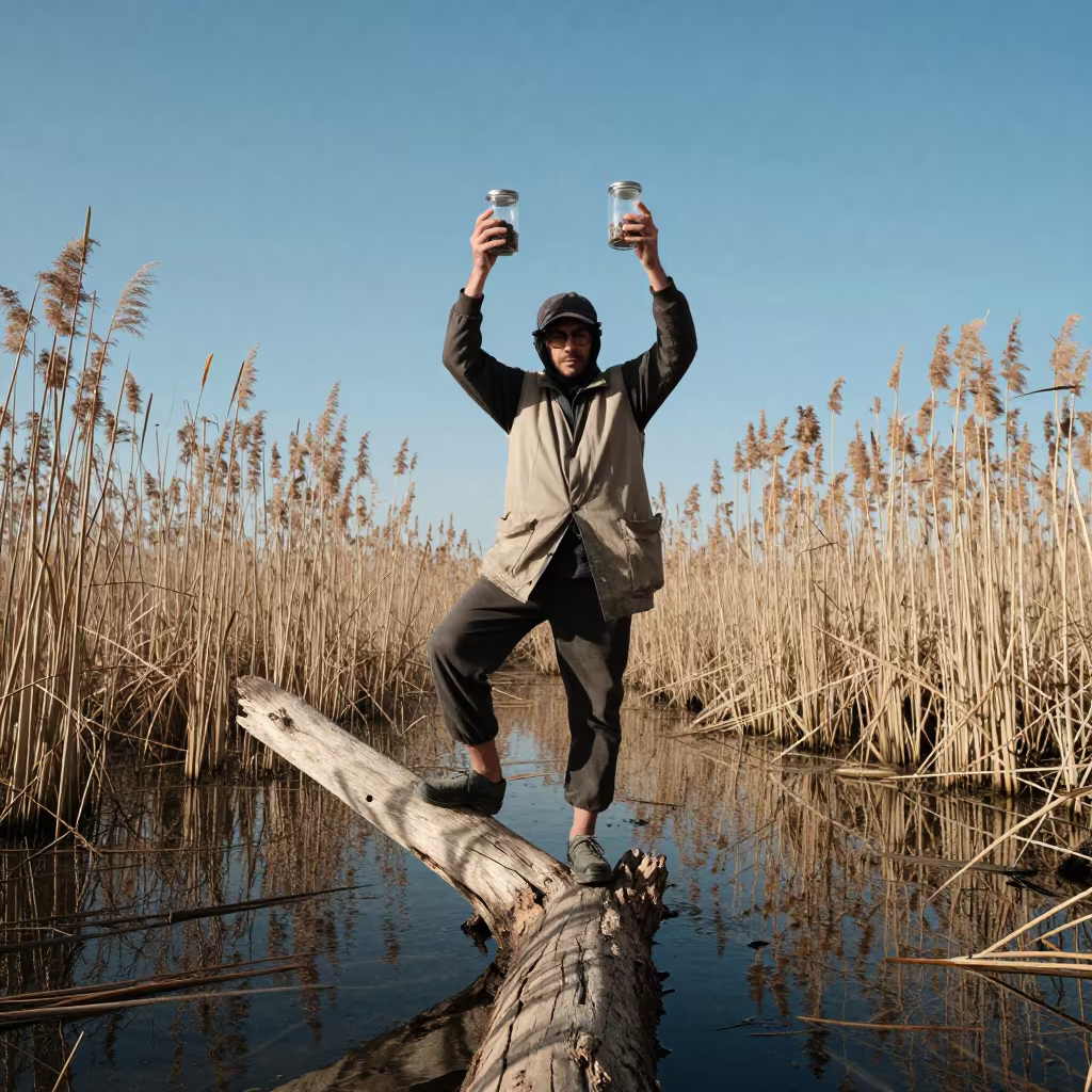 Biologist Balancing on Log in Tunisian Swamp in in Tunis