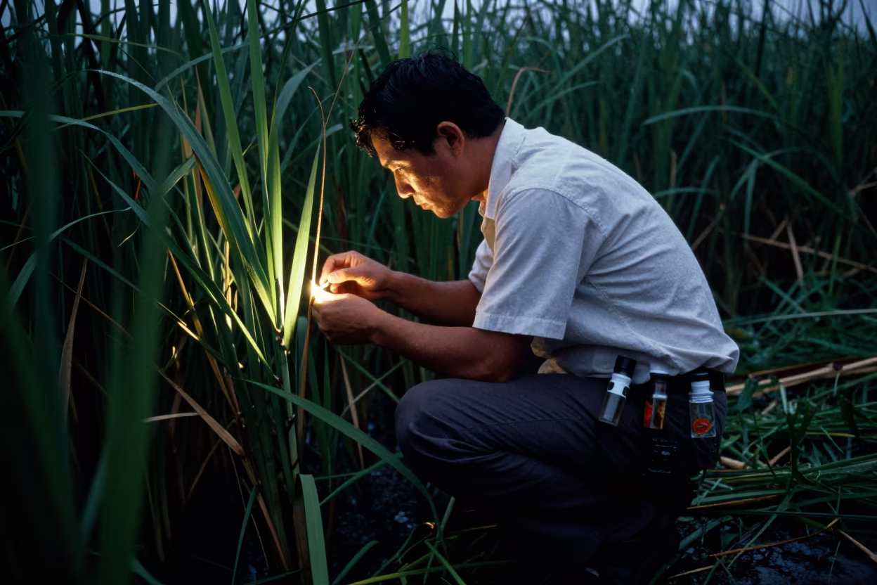 Biologist in Can Tho Reeds with Vials in near Can Tho