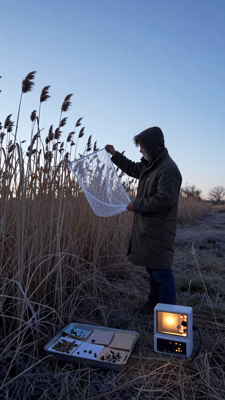 Biologist Collecting Insects at Chihuahua Marsh Twilight in near Chihuahua