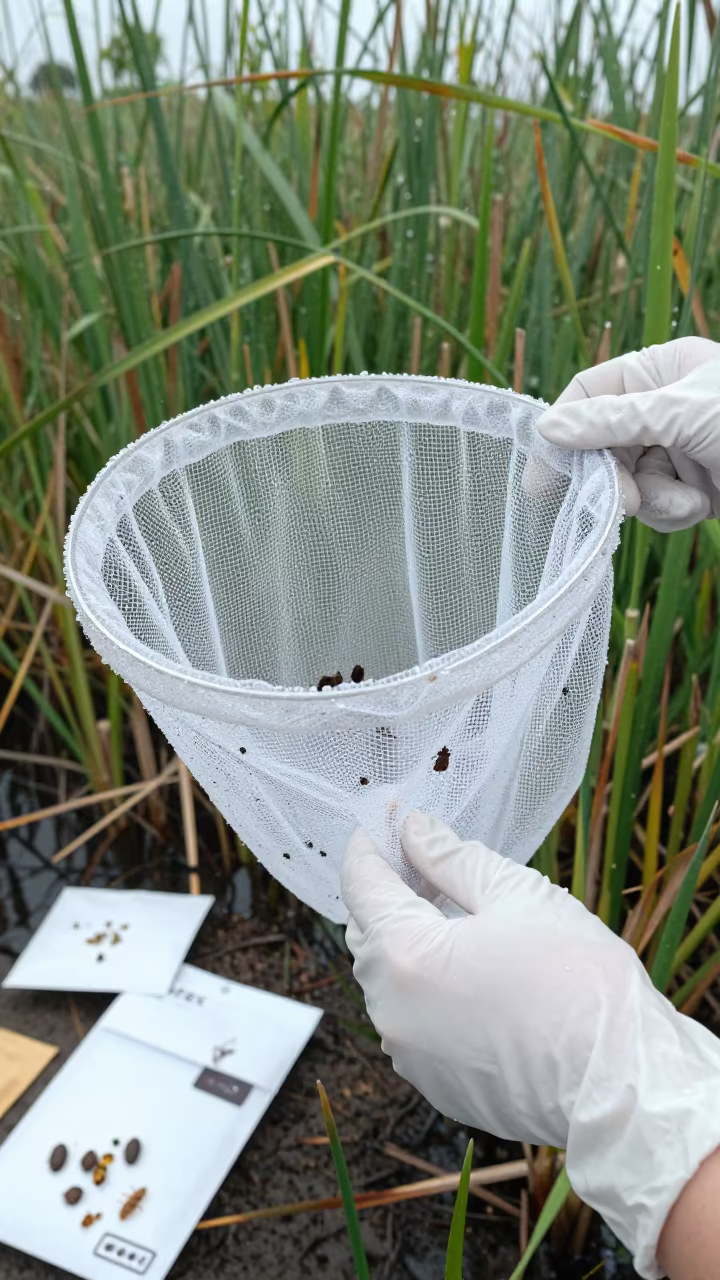 Biologist Collecting Insects at Marsh Edge in near Rudny