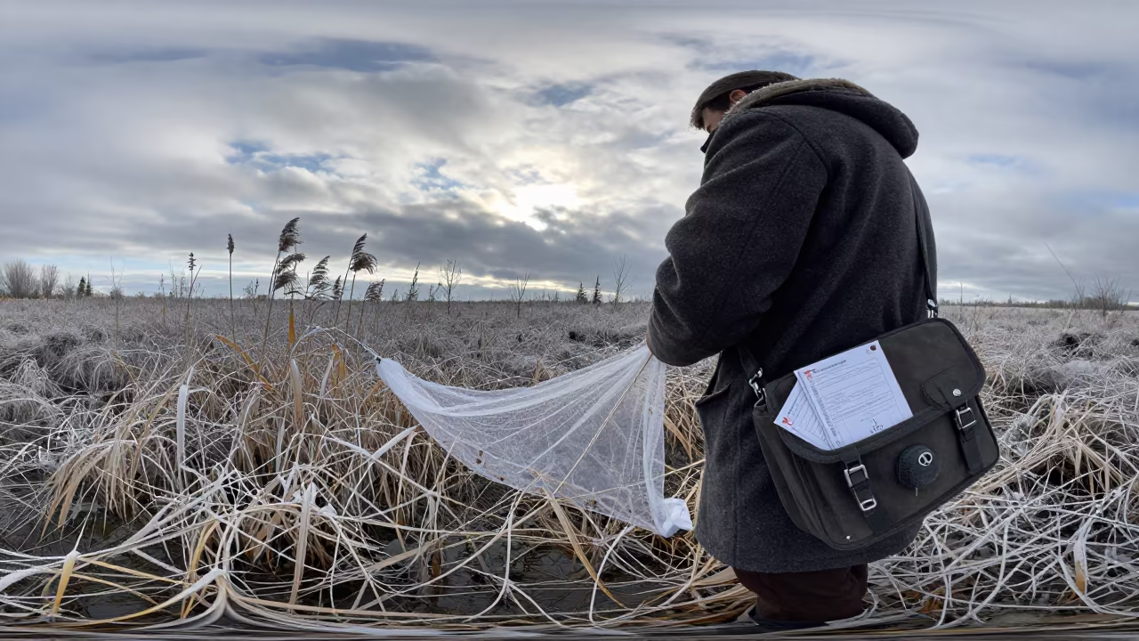 Biologist Collecting Winter Insects at Körfez Marsh in in Körfez