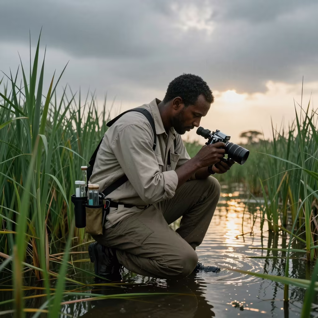 Biologist Crouching in Reeds with Vials in in Atbarah