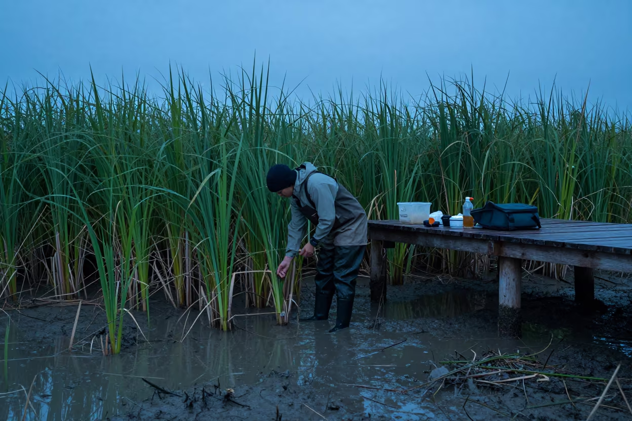 Biologist Measuring Marsh Reeds at Blue Hour in near Johor Bahru