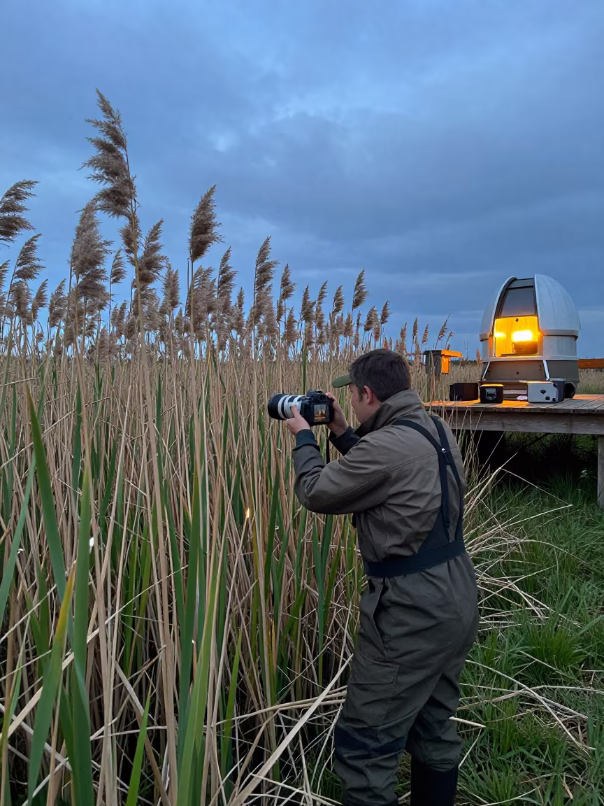 Biologist Measuring Marsh Reeds in Twilight in in Terni