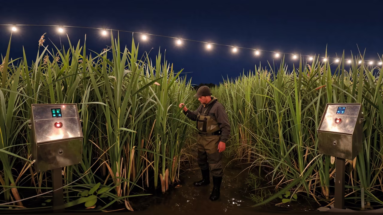 Biologist Measuring Reeds at Reno Marsh Midnight in near Reno