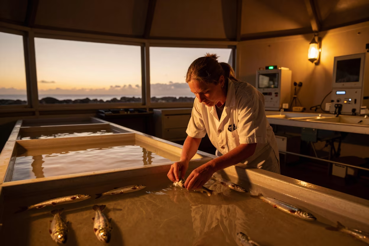 Biologist Measuring Salmon Fry in Galapagos Lab in inside an observatory control room in Galapagos