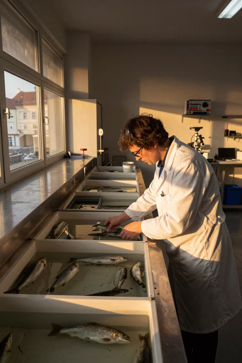 Biologist Measuring Salmon Fry in Prague Lab in in a specimen archive room near Stare Mesto, Prague