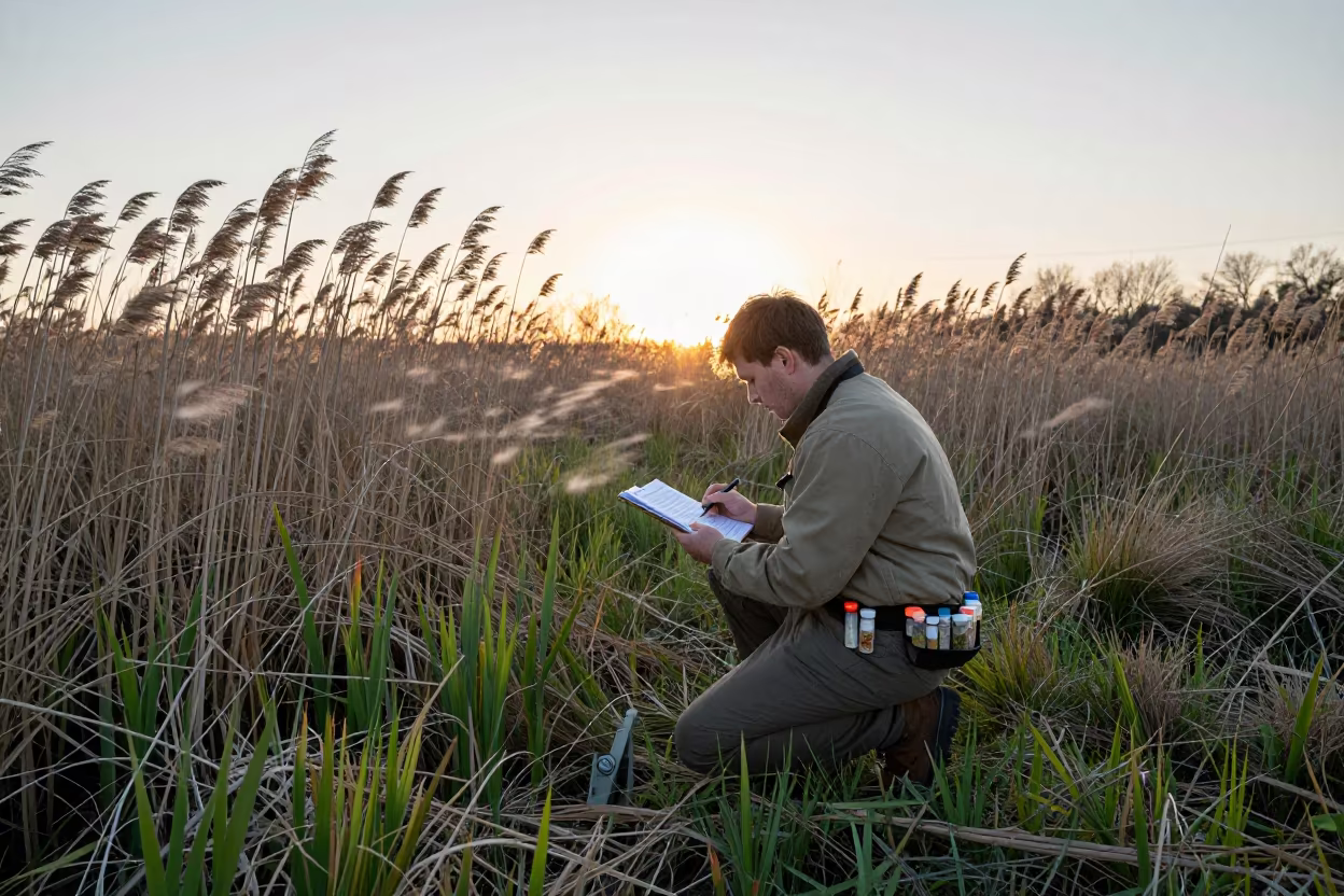 Biologist in Montreal Reeds at Sunset in near Montreal