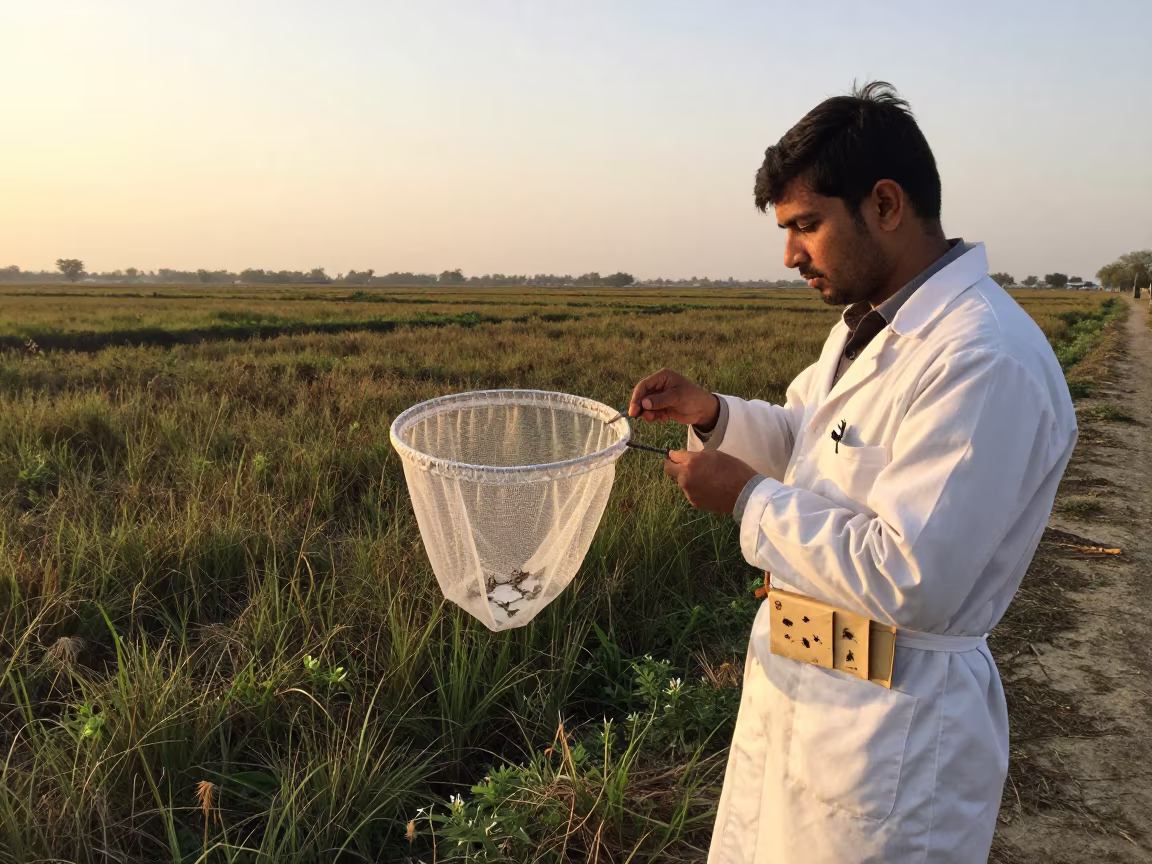 Biologist Nets Insects at Marsh at Sunset in in Muzaffarnagar