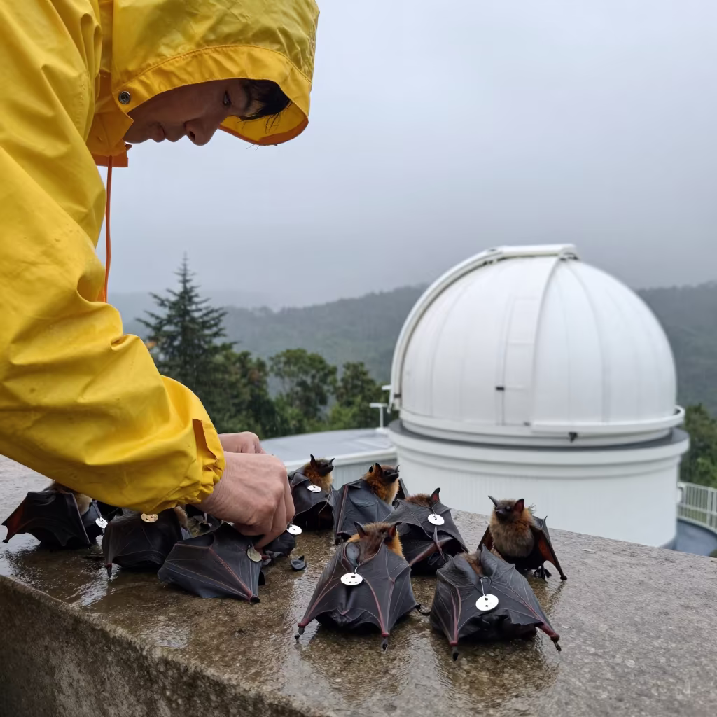 Biologist Sorting Tagged Bats in Field Station in beside an observatory dome in United States