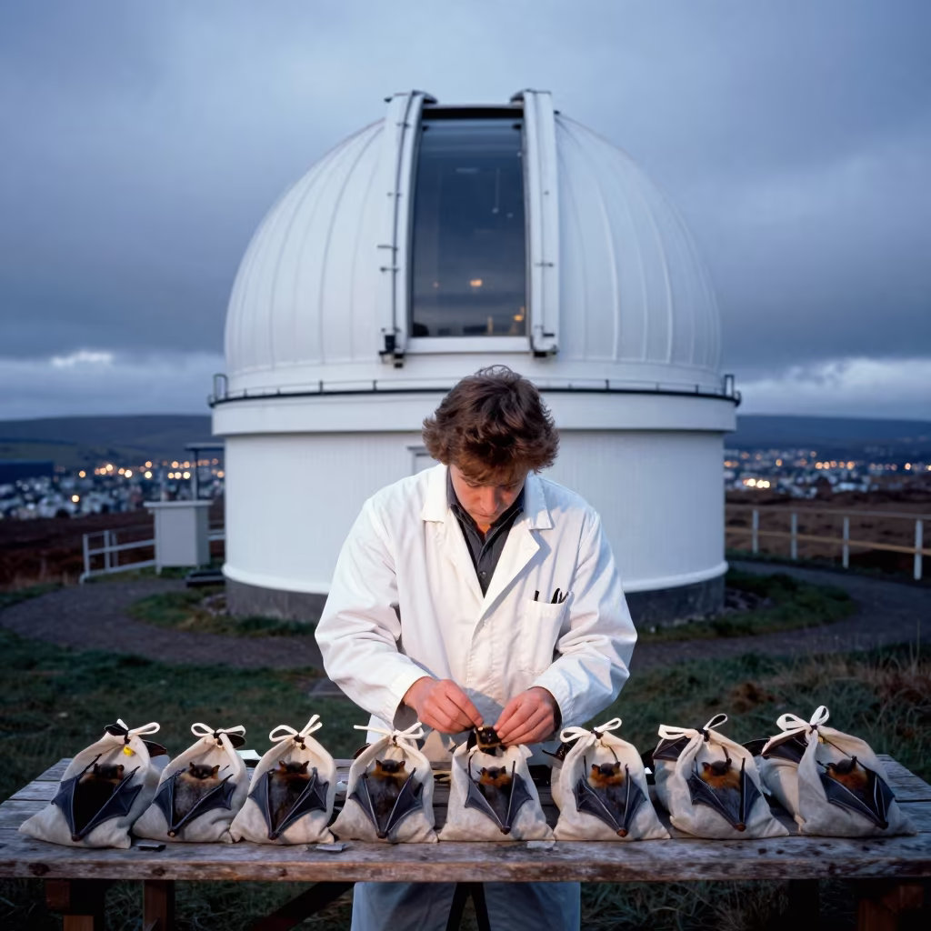 Biologist Sorting Tagged Bats at Highland Observatory in beside an observatory dome in the Scottish Highlands