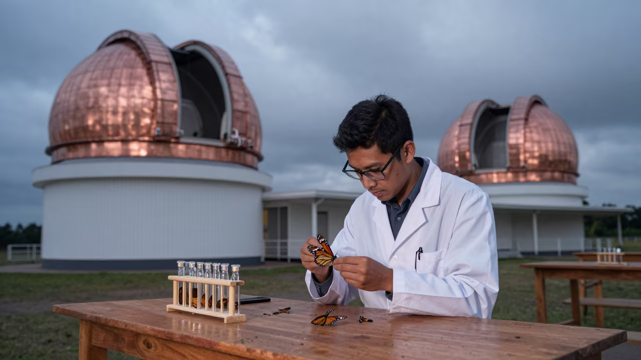 Biologist Tagging Monarch Wings at Java Observatory in beside an observatory dome in Java