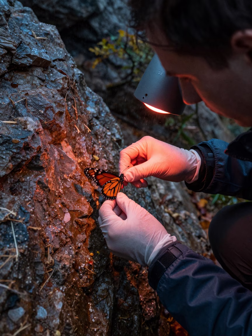 Biologist Tagging Monarch Wings Night Drizzle in along a rocky geology outcrop in Catalonia