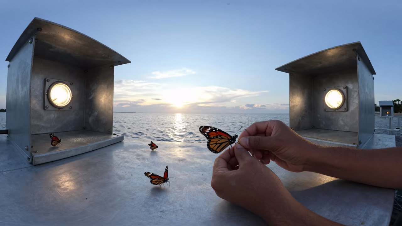 Biologist Tagging Monarch Wings on Wind-Scoured Platform in on a wind-scoured research platform in Philippines