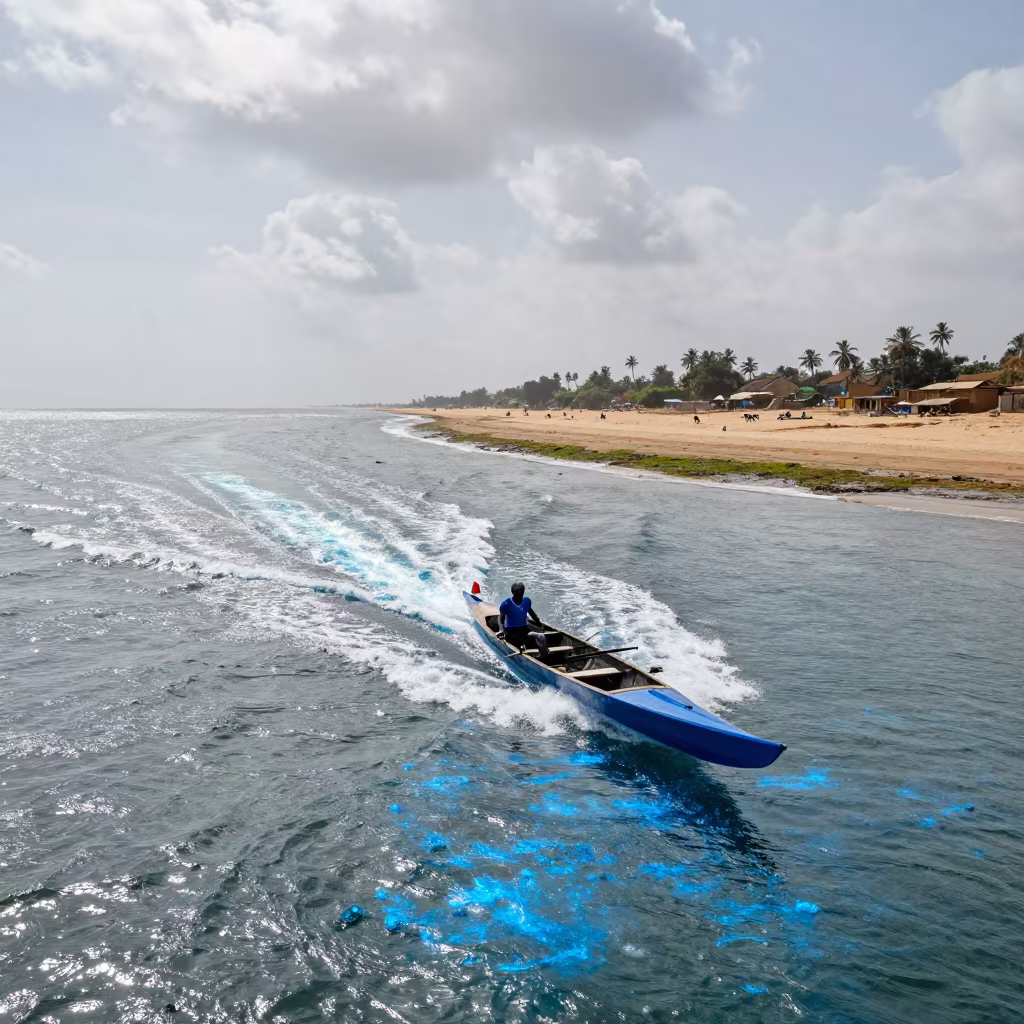 Bioluminescent Algae Wake on Bamako Causeway in on a wind-open causeway near Bamako