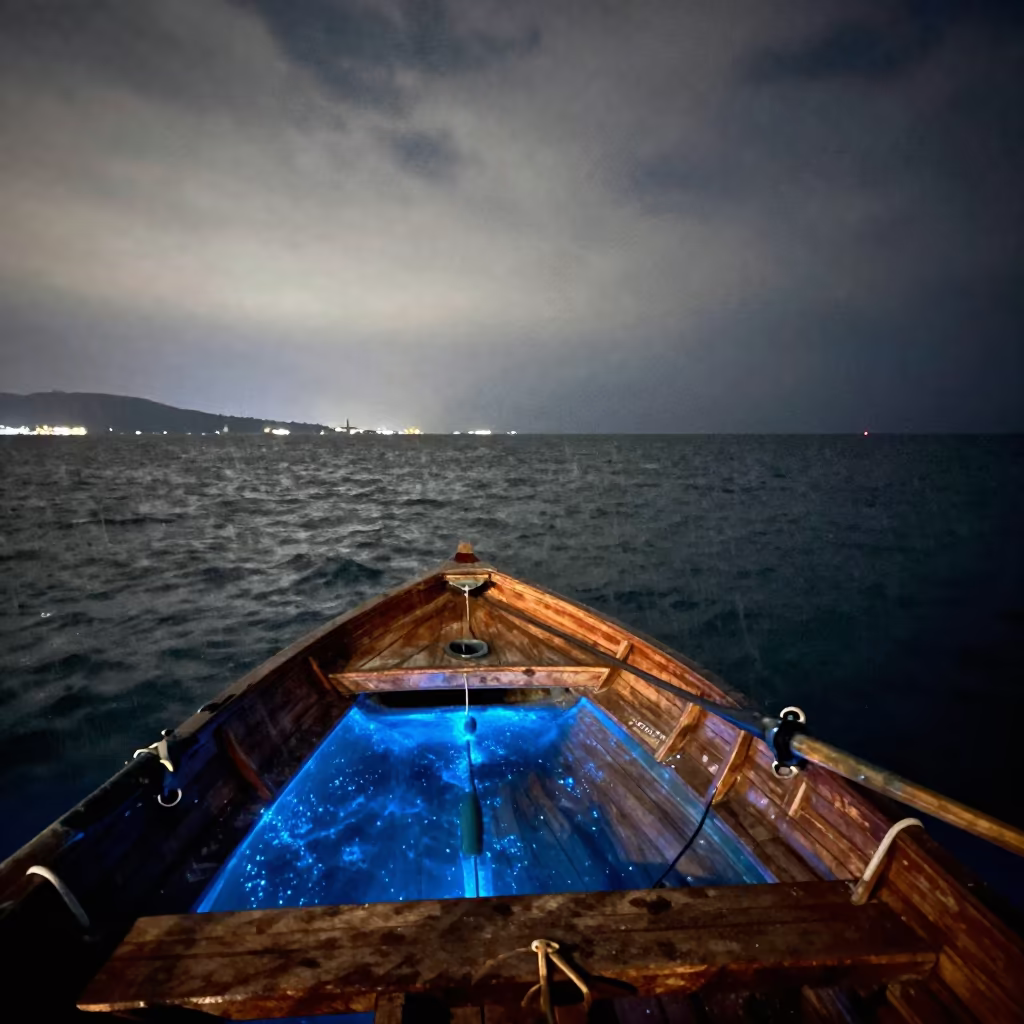 Bioluminescent Algae Wake in Turkish Midnight Rain in in Turkey