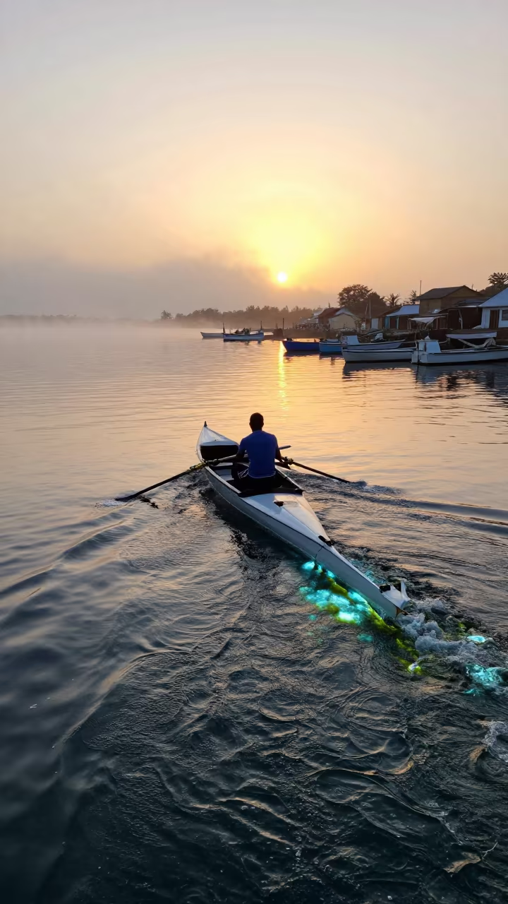 Bioluminescent Algae Wake Behind Rowing Boat in beside a fogbound harbor mouth near Gusau