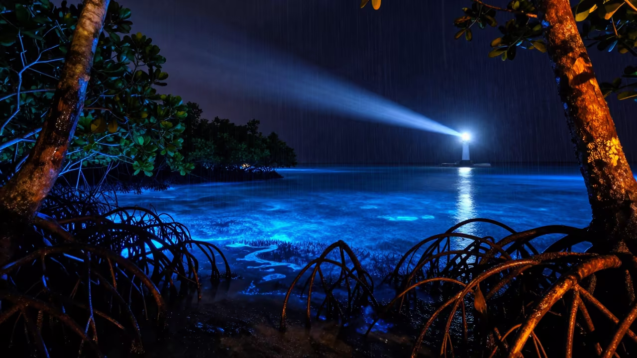 Bioluminescent Bay Light Sweeps Mangrove Roots in from a frost-hushed ridgeline in Samoa