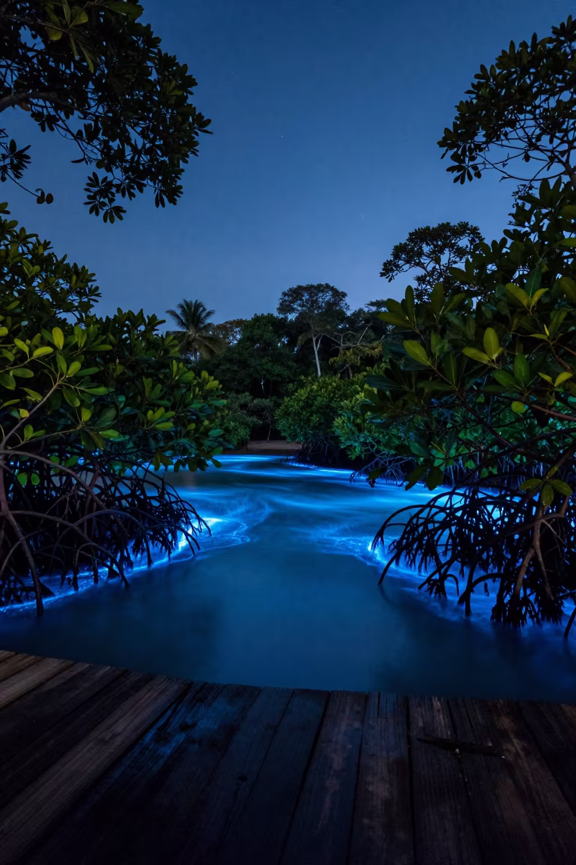 Bioluminescent Bay Mangrove Roots Sri Lanka Night in from a humid jungle overlook in Sri Lanka