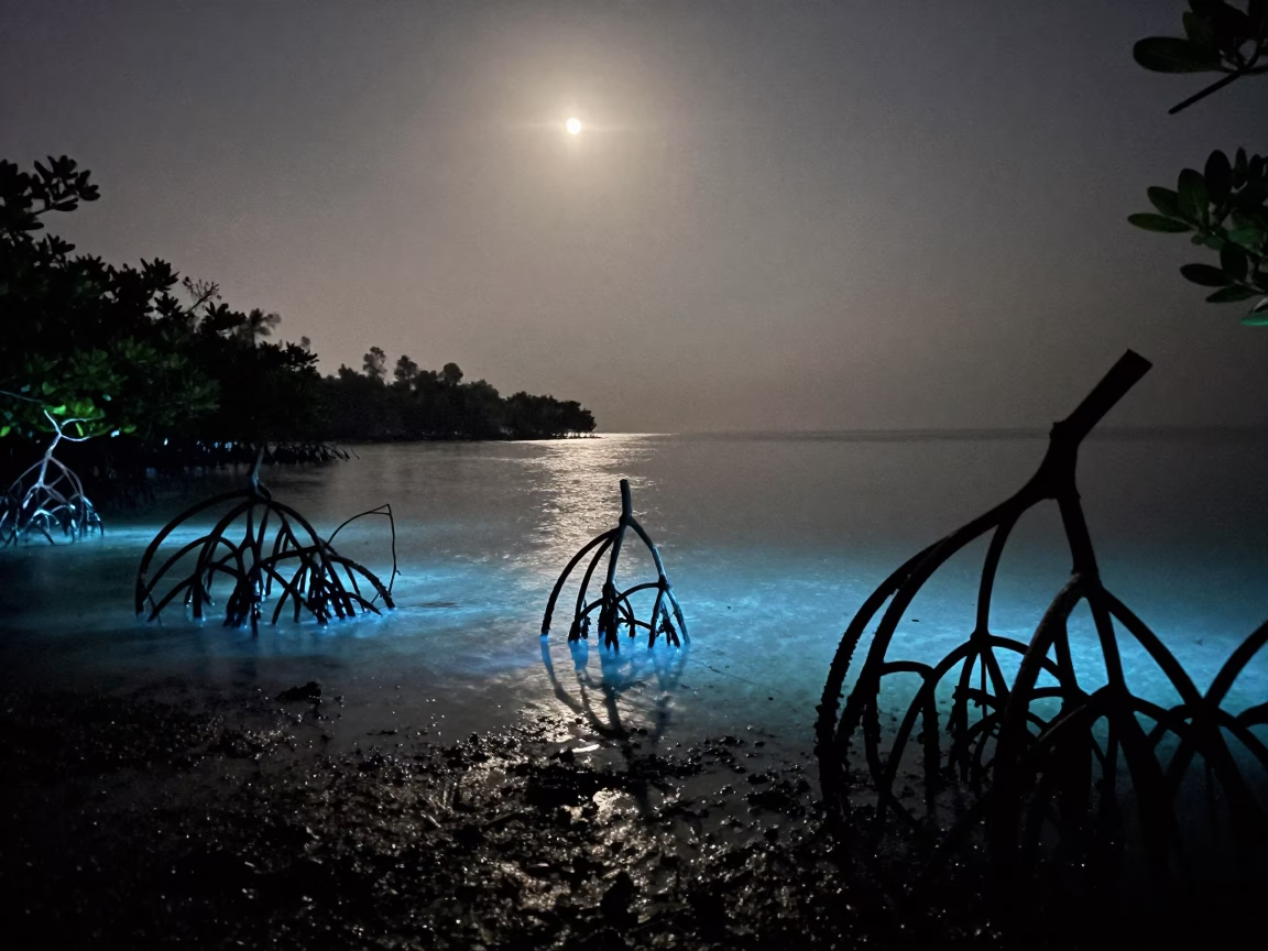 Bioluminescent Bay Moonlight Vietnam Mangroves in beneath a dark-sky overlook in Vietnam