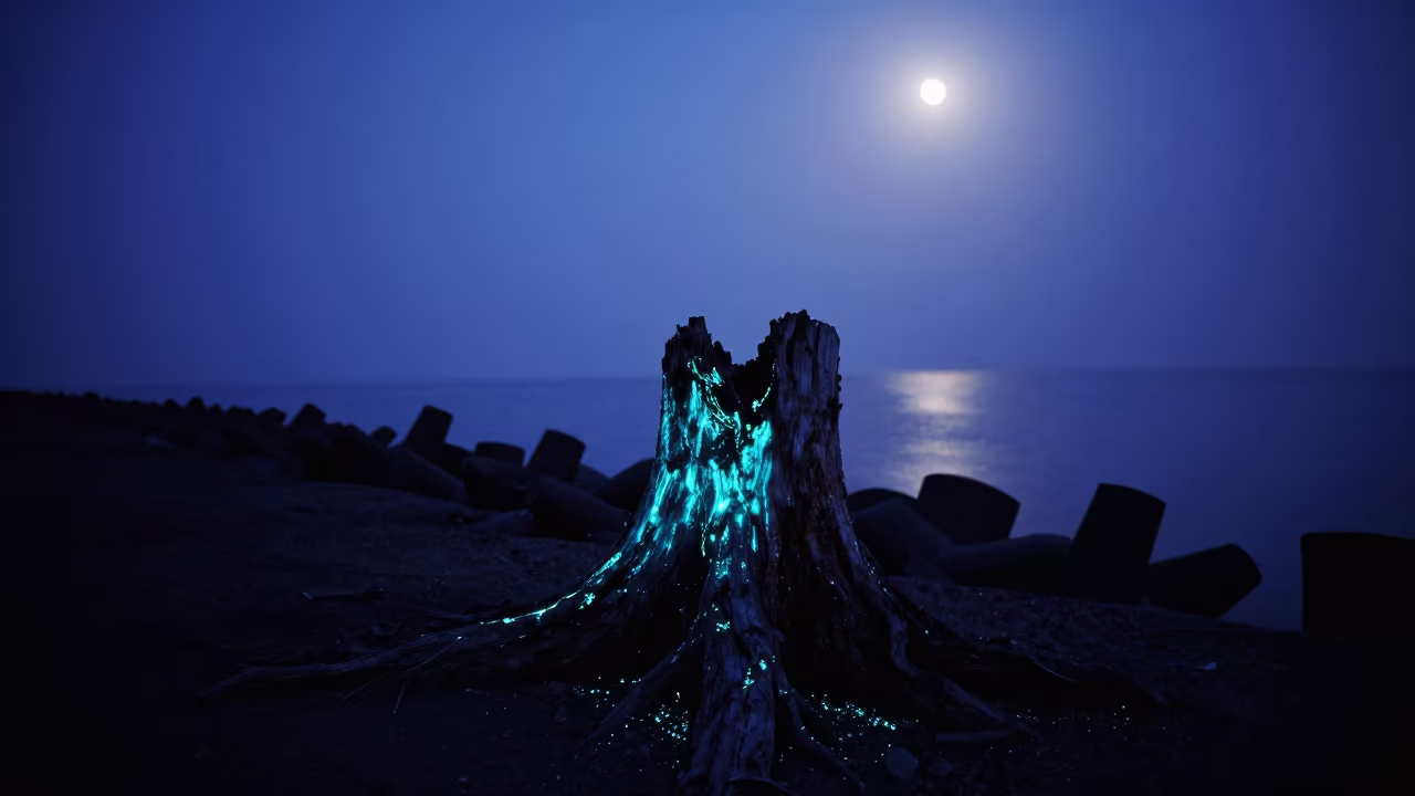 Bioluminescent Foxfire on Rotting Stump at Night in from a moonlit breakwater in Pakistan