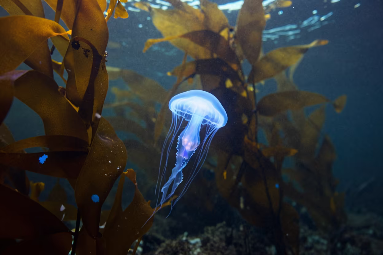 Bioluminescent Jellyfish Drift in Dark Ocean Current in along a kelp-fringed shelf near Lisbon