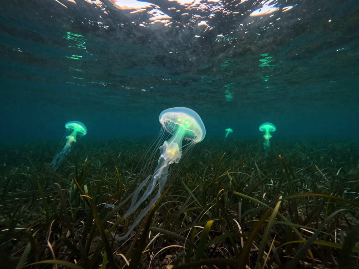 Bioluminescent Jellyfish Drifting Over Seagrass in above a seagrass meadow in Queensland