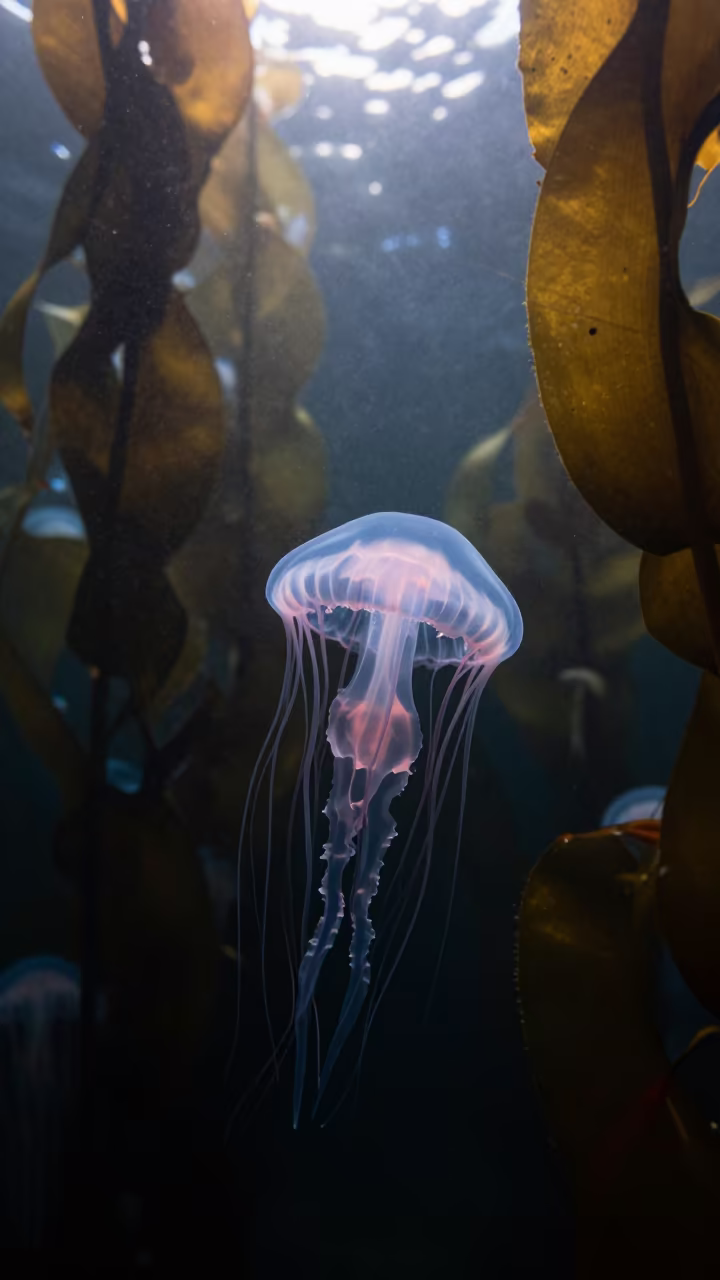 Bioluminescent Jellyfish Among Kelp at Sunrise in through a forest of kelp fronds near Habana Vieja, Havana