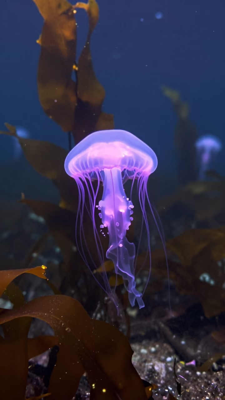 Bioluminescent Jellyfish in Naples Kelp in along a kelp-fringed shelf near Naples