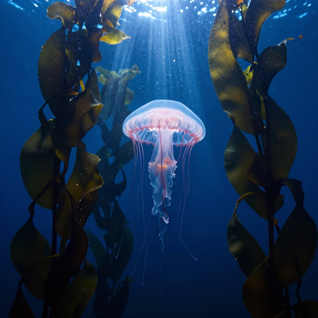 Bioluminescent Jellyfish Drifting Through Norwegian Kelp in through a forest of kelp fronds in Norway