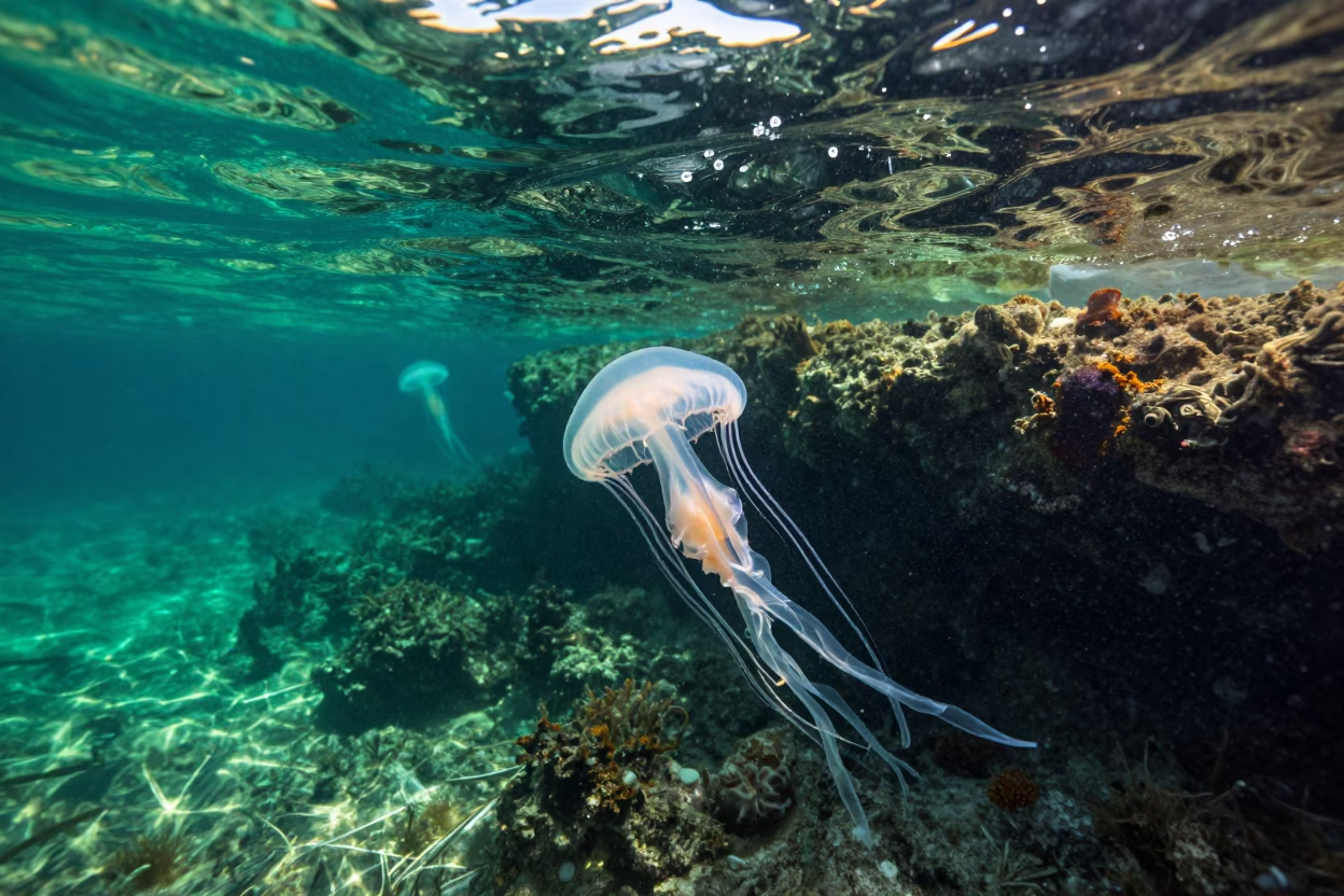 Bioluminescent Jellyfish in Salvador Bay in beside a volcanic drop-off near Salvador