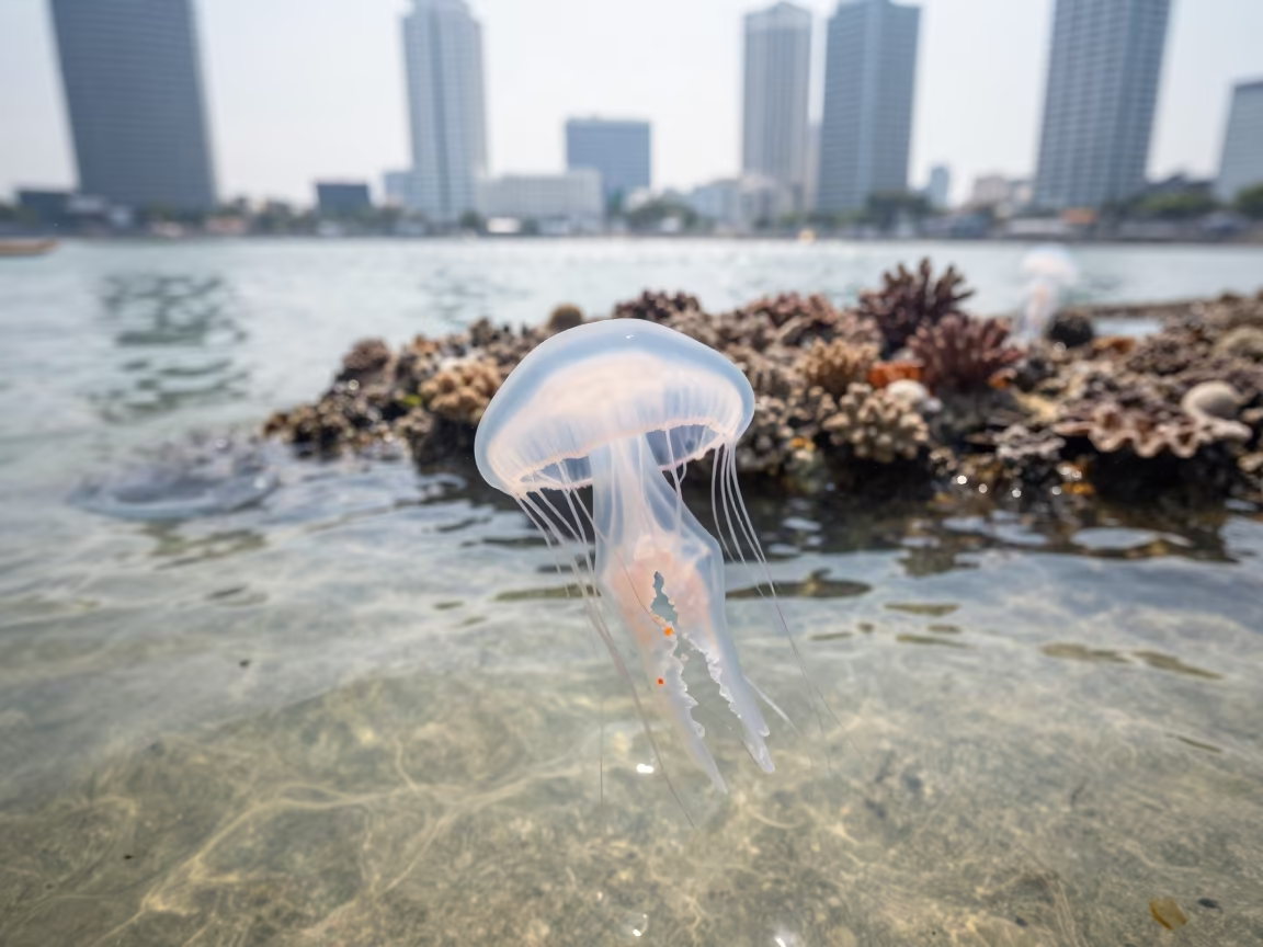 Bioluminescent Jellyfish in Silom Bay Waters in along a coral shelf near Silom, Bangkok