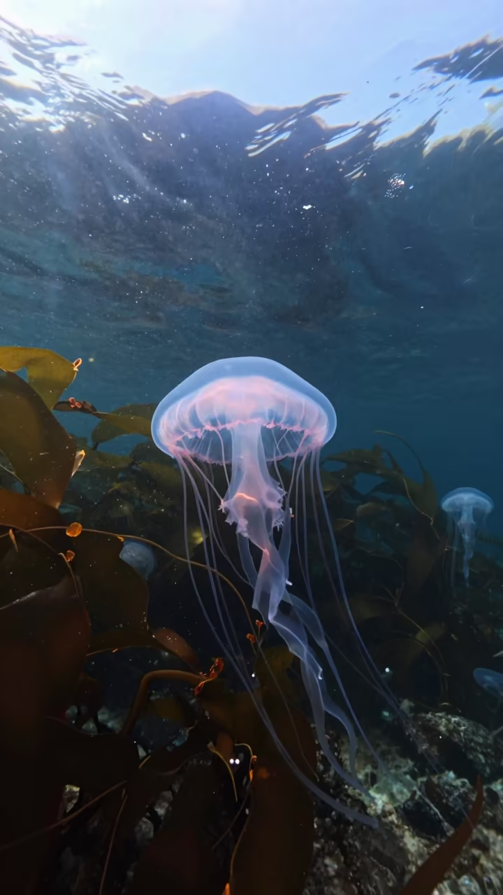 Bioluminescent Jellyfish Drifting in Winter Japanese Kelp in along a kelp-fringed shelf in Japan