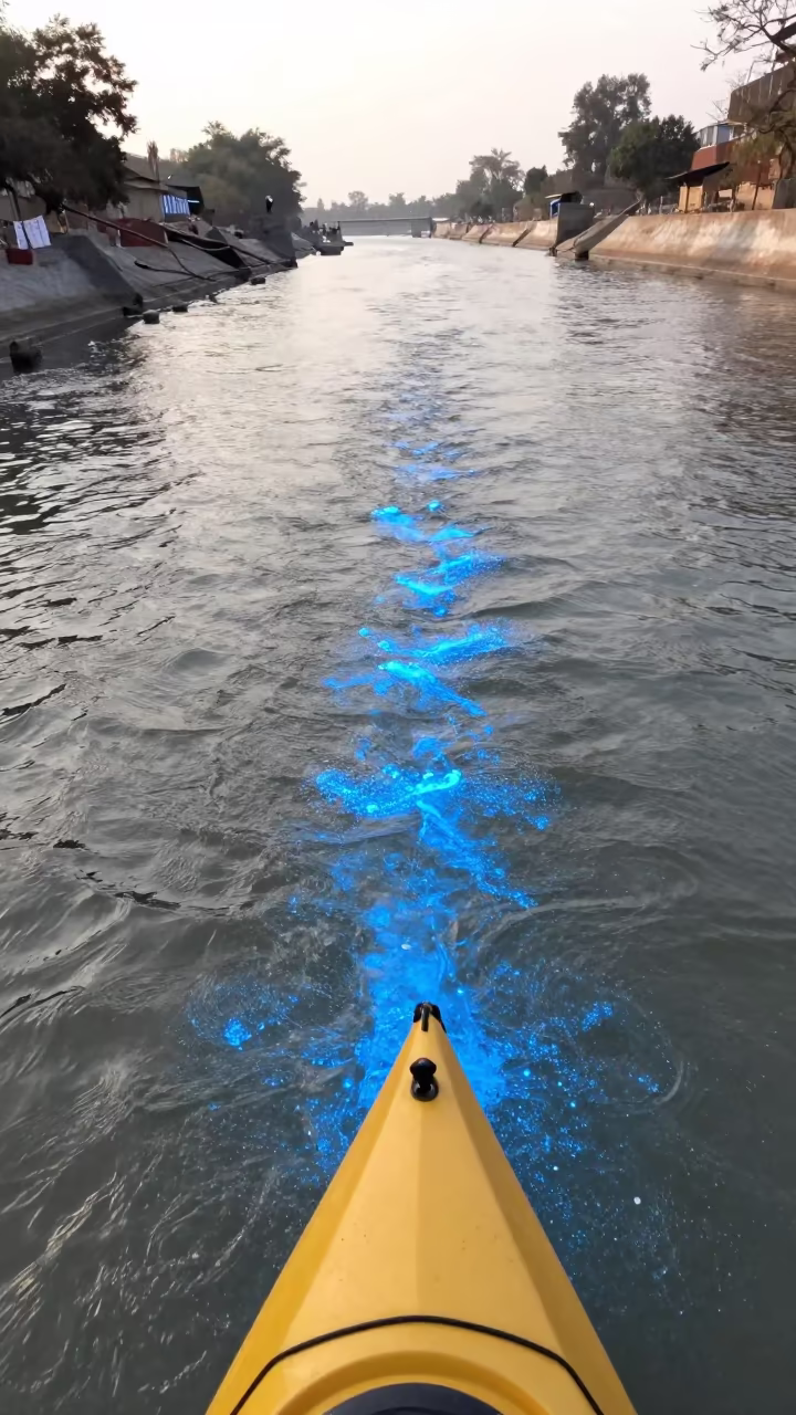 Bioluminescent Kayak Wake on Agra Causeway Noon in on a wind-open causeway near Agra